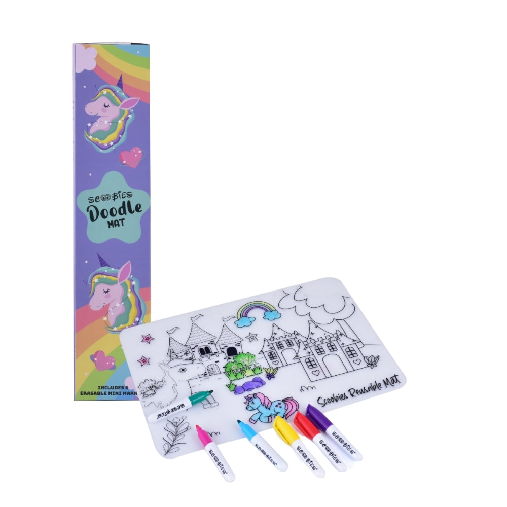 Unicorn Doodle Mat | With 6 Dry-Erase & Washable Markers | DIY Creative Learning | Reusable Silicone Quality