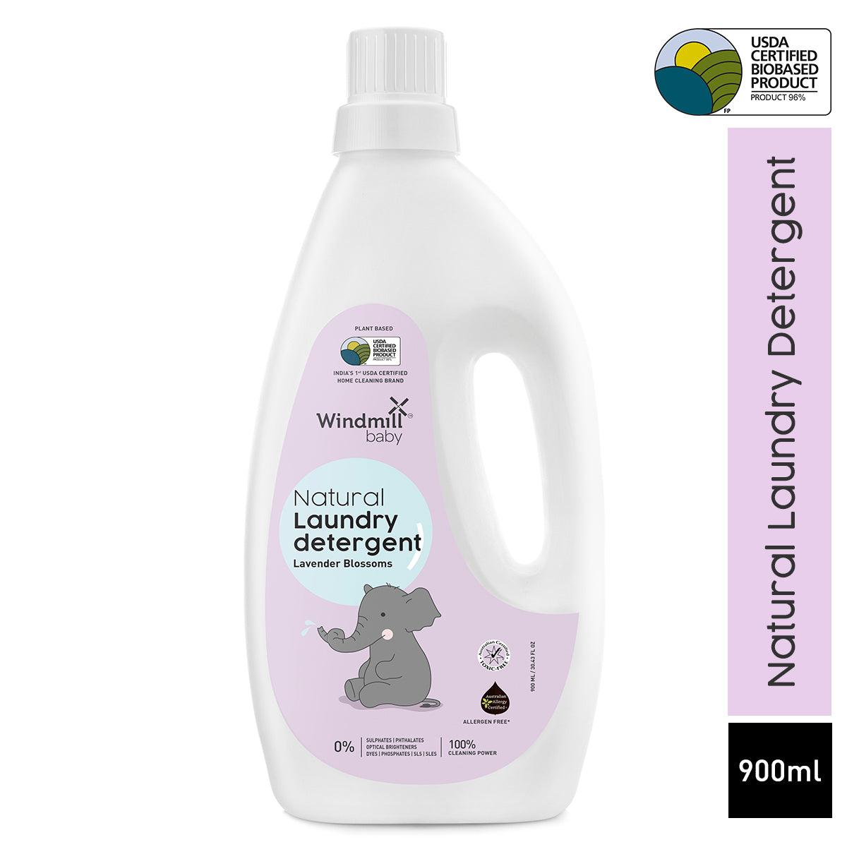 Windmill Baby Natural Lavender Blossoms Laundry Detergent Liquid, USDA Certified, Allergen Free, Plant Based With Bio-Enzymes - 900 ml
