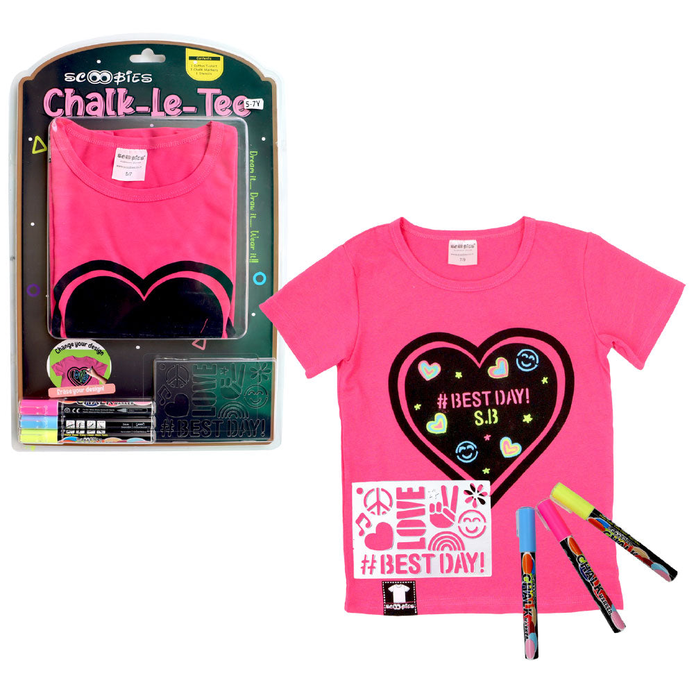 Scoobies Chalk-Le-Tee Tshirt | Pink Heart Design | With Chalk Markers & Stencil | Reusable | Washable - Girls