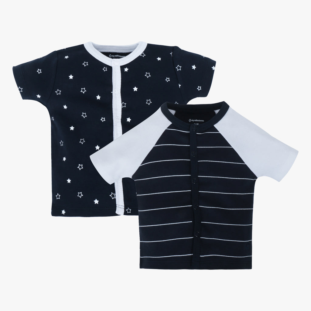 My Milestones T-shirt Half Sleeves Boys Navy Blue White Raglan/ Navy Blue Stars-2Pc Pack