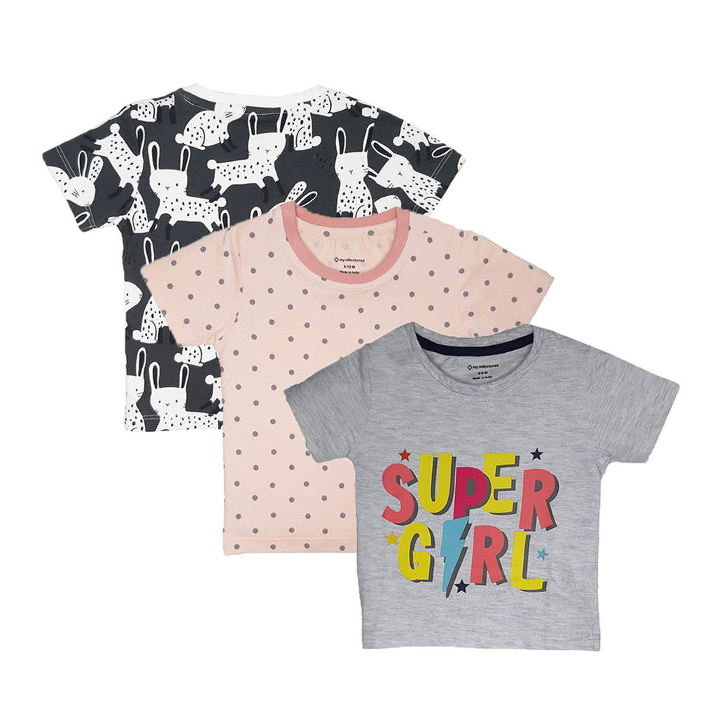 My Milestones Round Neck T-shirt HS Rabbit Print / Peach Polka / Grey Super Girl Print - 3 Pc Pack