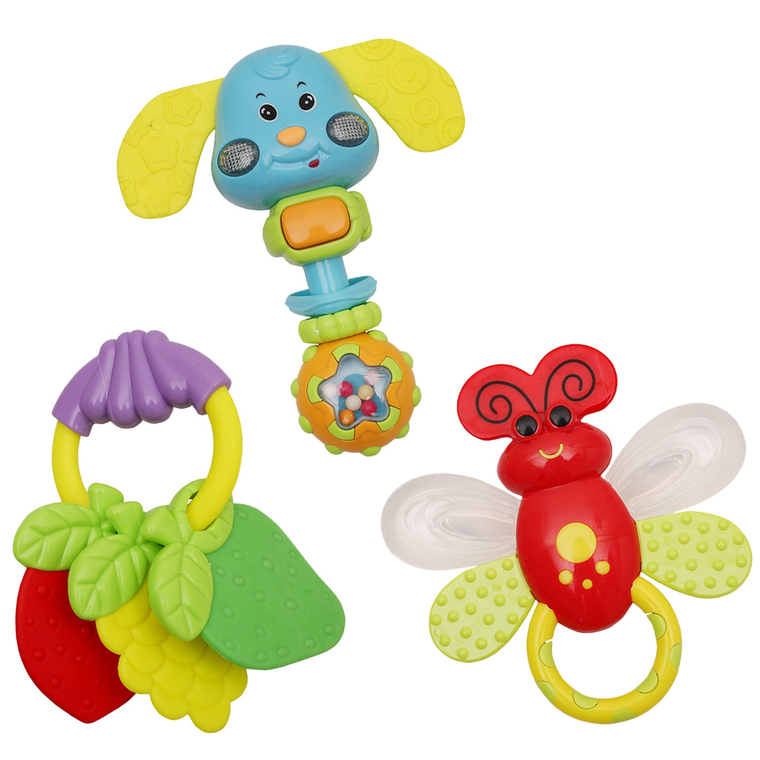 Baby Moo Animal And Fruit Multicolour Set of 3 Musical Rattle Teether