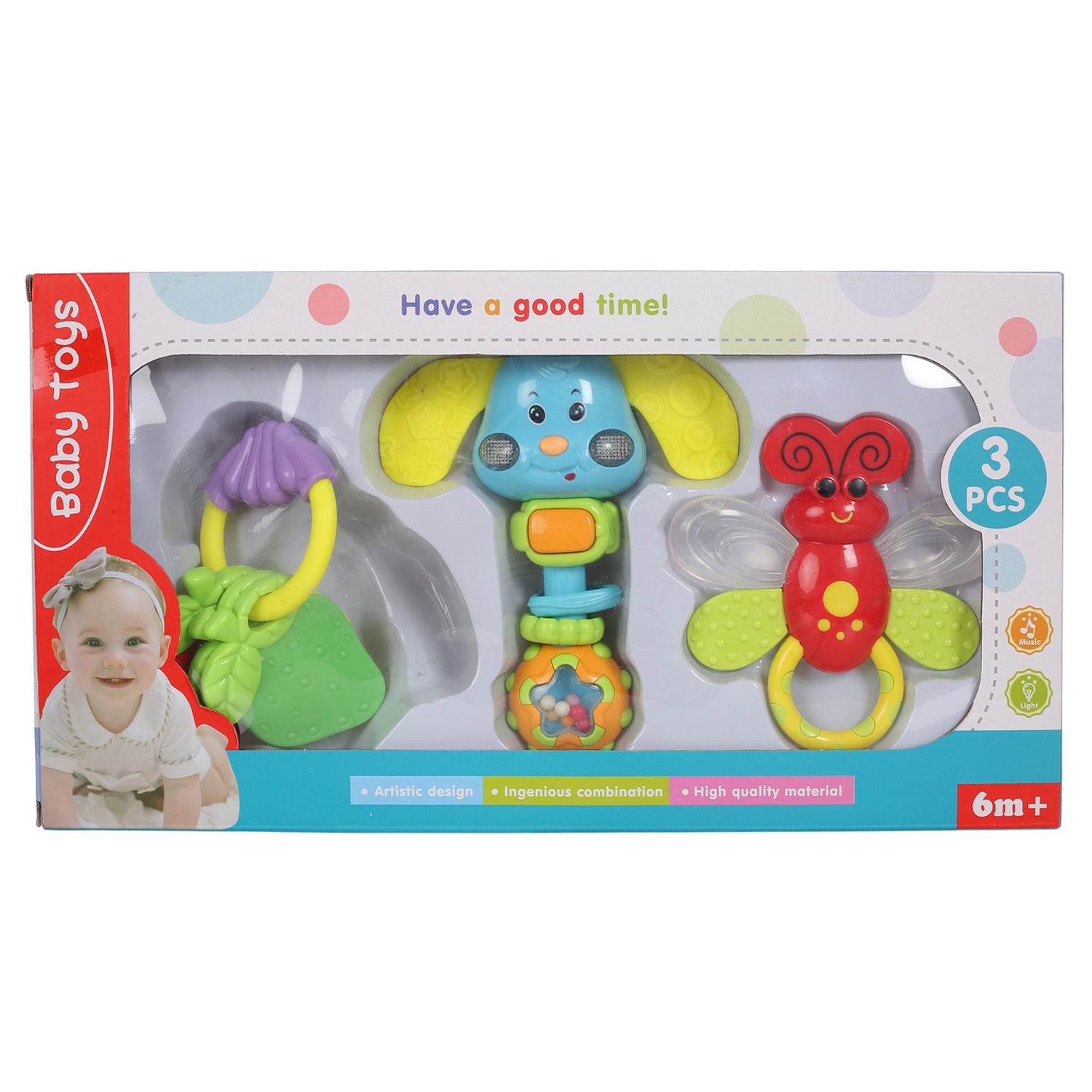 Baby Moo Animal And Fruit Multicolour Set of 3 Musical Rattle Teether