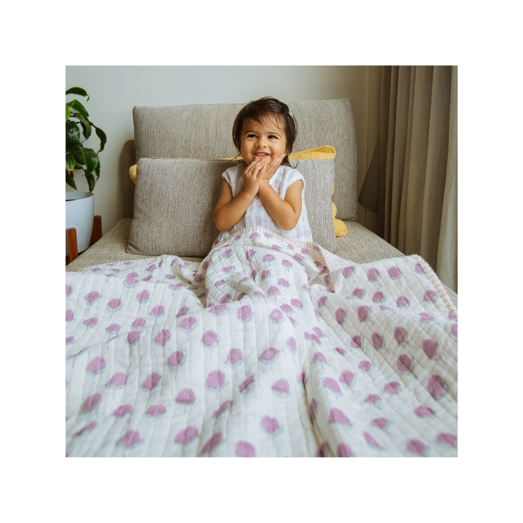 Dulaar Reversible Mulmul Quilt | Hand-Block Printed - Cotton Cheer Pink Bud