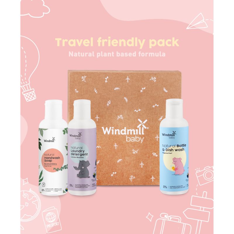 Windmill Baby Natural Cleaning Travel Pack (Bottle Wash 100ml + Lavender Blossoms Laundry Detergent 100ml + Fresh Pomelo Hand Wash 100ml) Combo Pack