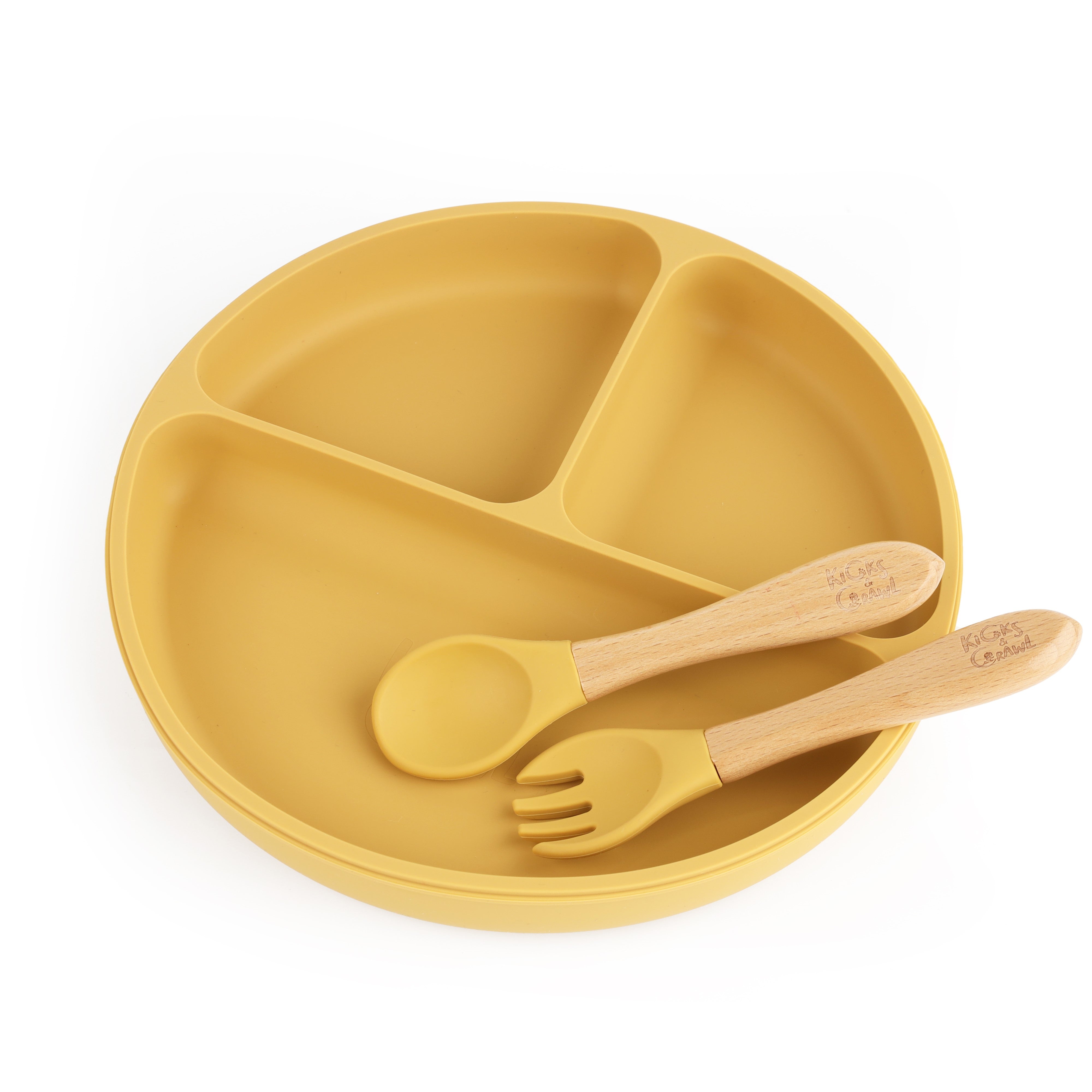 Kicks & Crawl- Silicone Plate & Cutlery Set- Yellow
