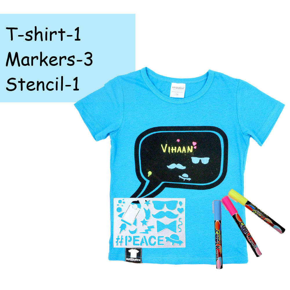 Scoobies Chalk-Le-Tee Tshirt | Blue Speech Bubble Design | With Chalk Markers & Stencil | Reusable | Washable - Boys