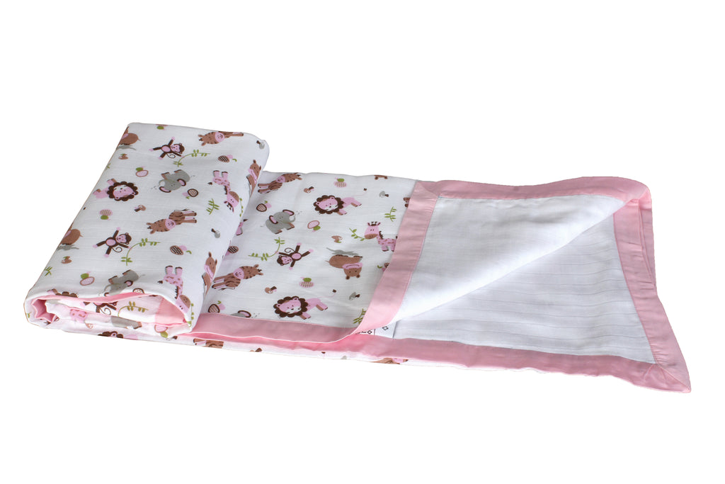 My Milestones 100% Cotton Muslin Baby Blanket - 4 Layered (43x43 inches) - Zoo Print Pink