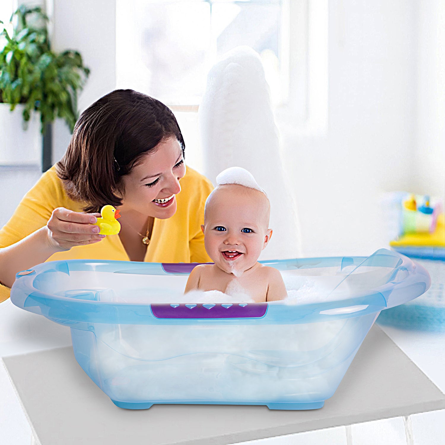 Baby Moo Bath Tub With Soap Holder And Drain Plug Transparent Blue