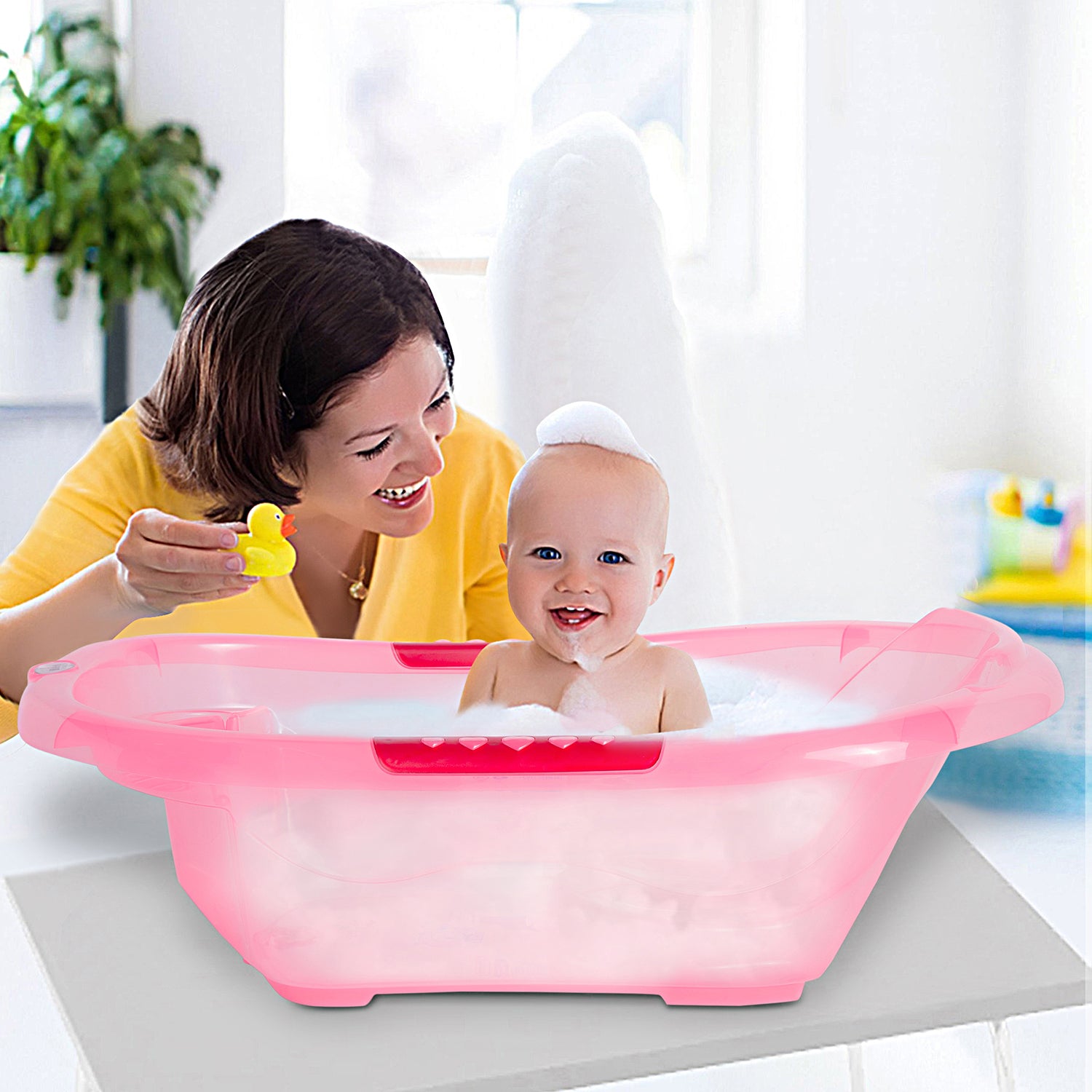Baby Moo Bath Tub With Soap Holder And Drain Plug Transparent Pink