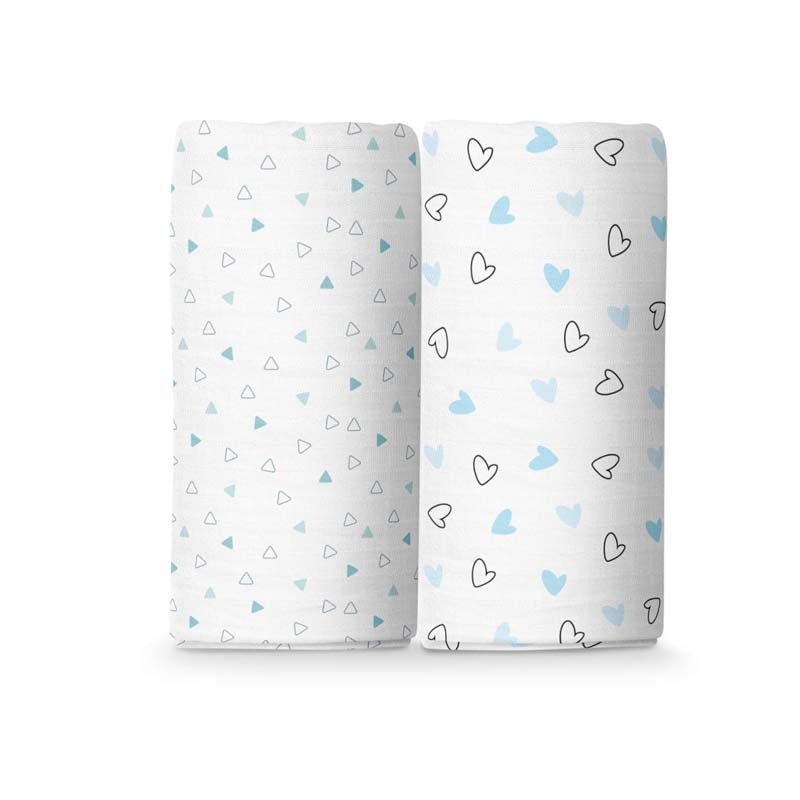 The White Cradle 100% Organic Cotton Baby Swaddle Wrap - Blue Hearts & Triangles
