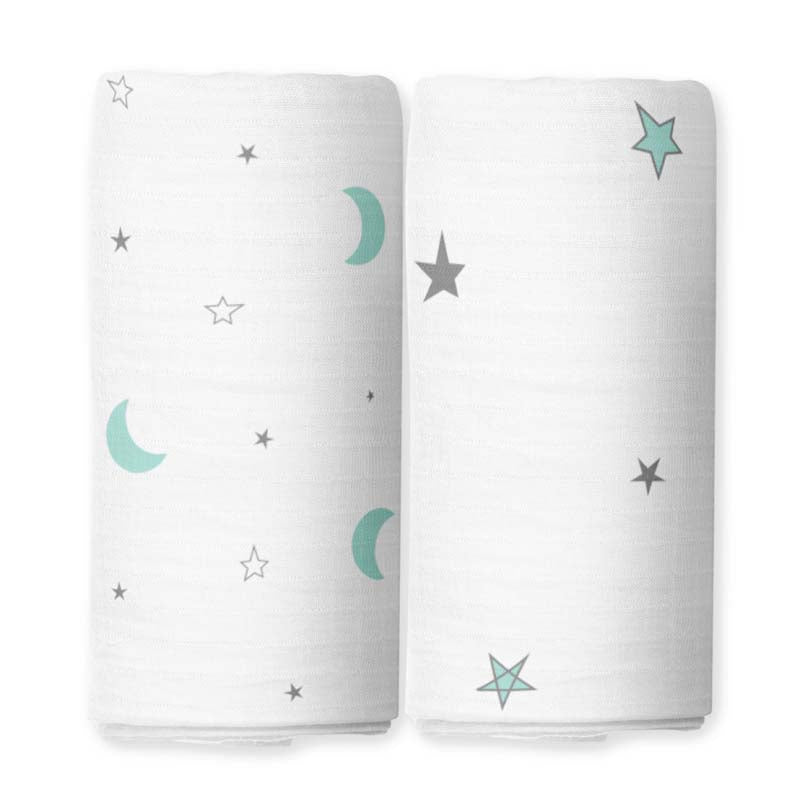 The White Cradle Baby Nursery Swaddle Blanket Wrap 2pcs Pure Organic Cotton Double Layer Muslin Cloth - Blue & Grey
