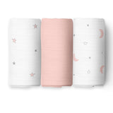The White Cradle Baby Nursery Swaddle Blanket Wrap 3pcs Pure Organic Cotton Double Layer Muslin Cloth - Pink & Grey