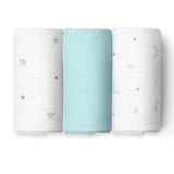 The White Cradle Baby Nursery Swaddle Blanket Wrap 3pcs Pure Organic Cotton Double Layer Muslin Cloth - Blue & Grey