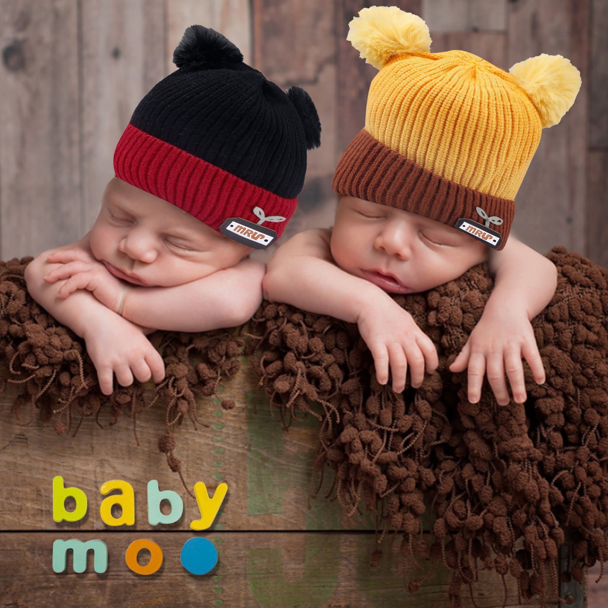 Baby Moo Pom Pom Black And Yellow 2 Pk Woolen Cap