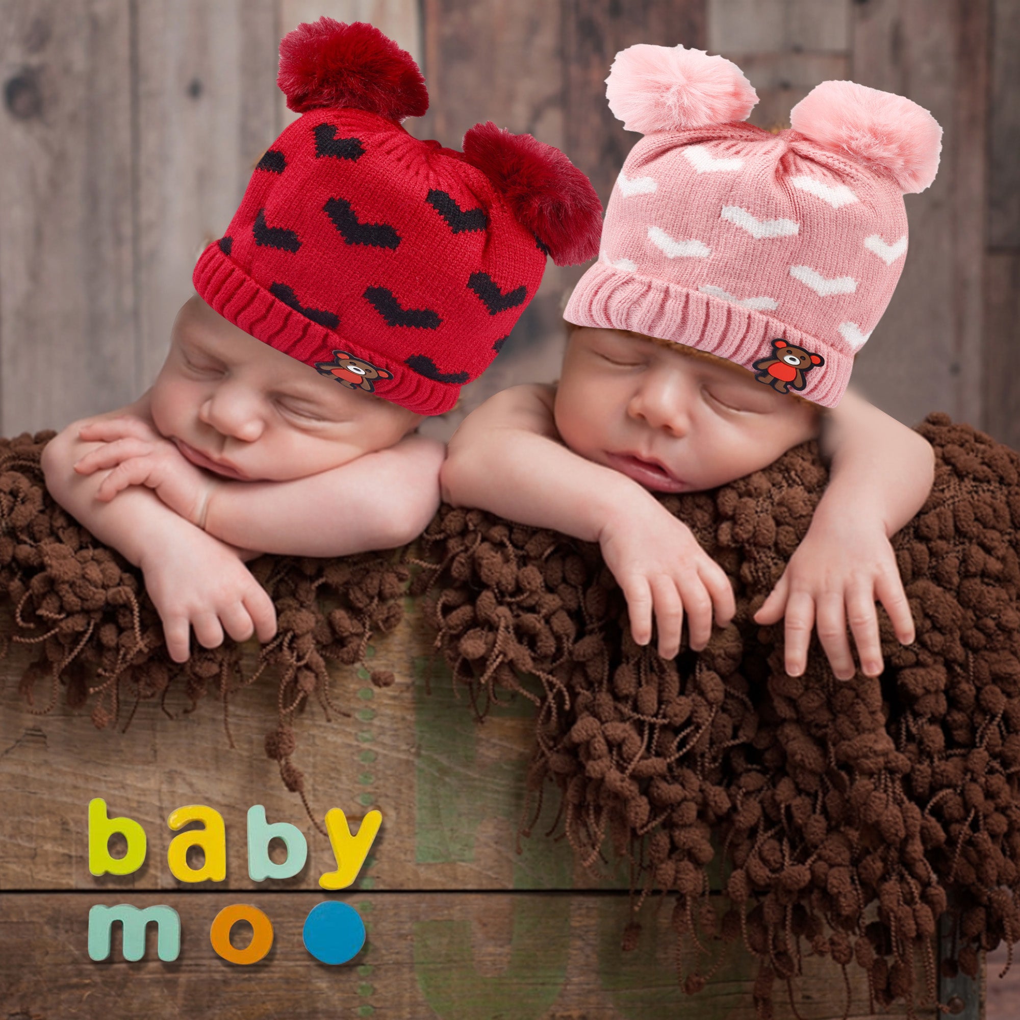 Baby Moo Pom Pom Hearts Red And Pink 2 Pk Woolen Cap