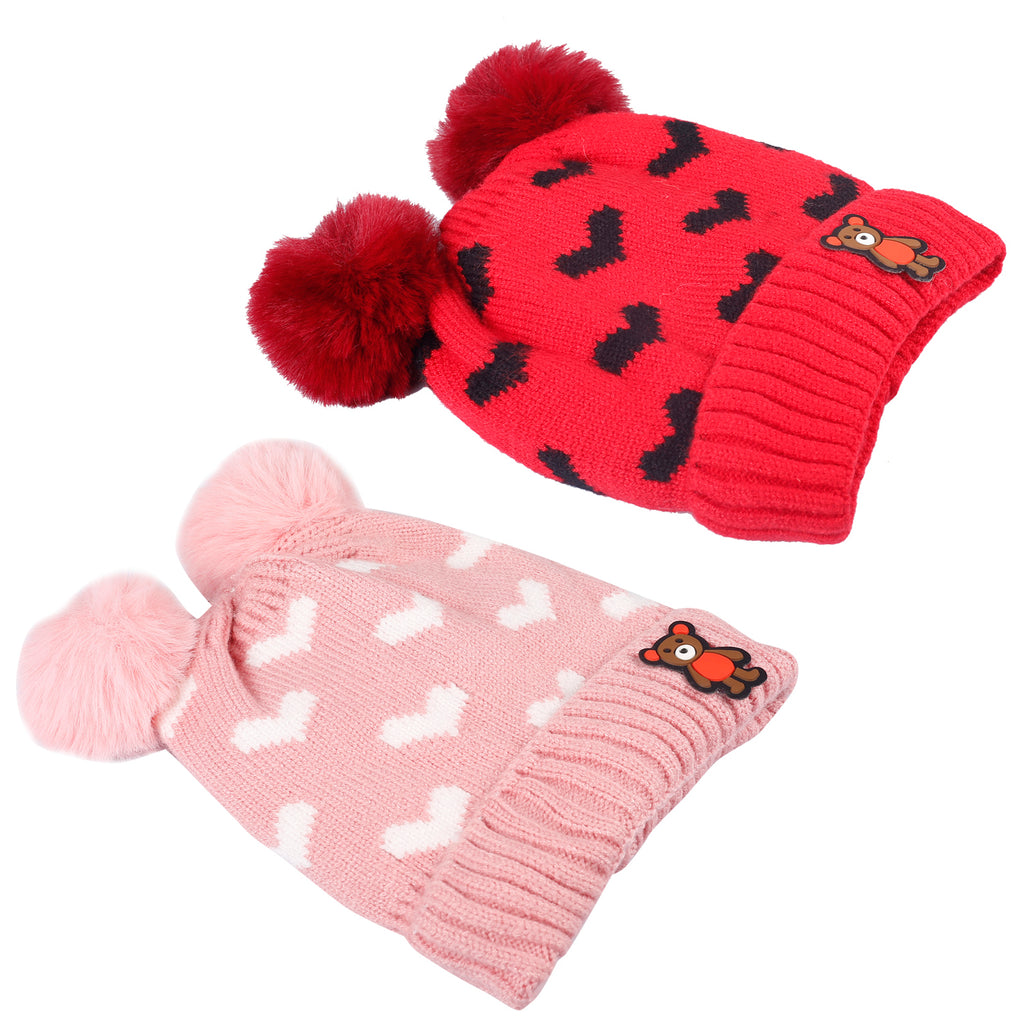 Baby Moo Pom Pom Hearts Red And Pink 2 Pk Woolen Cap
