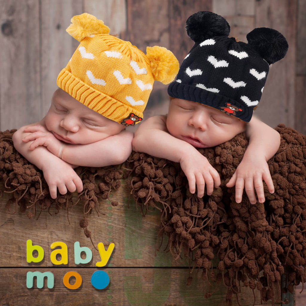 Baby Moo Pom Pom Hearts Black And Yellow 2 Pk Woolen Cap