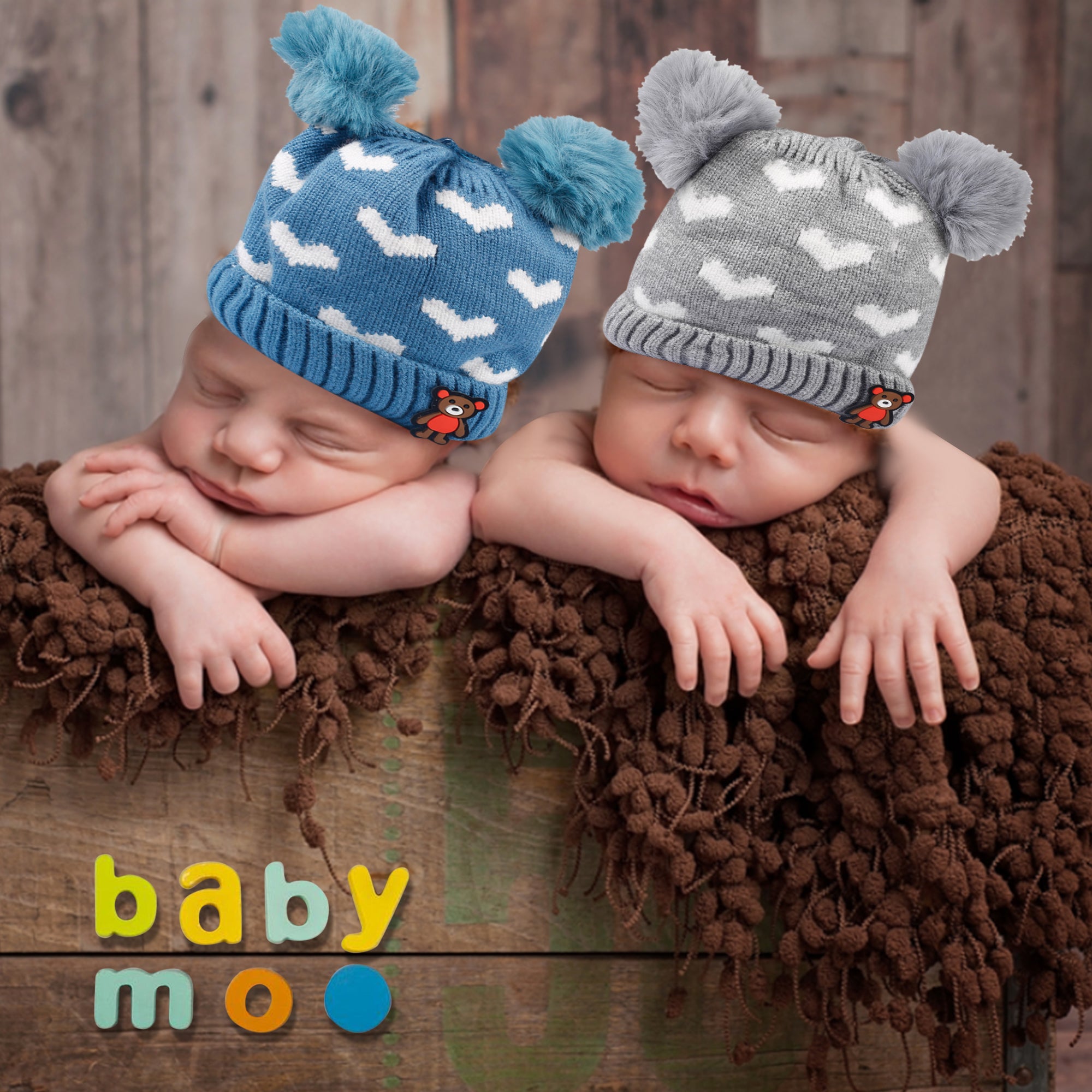 Baby Moo Pom Pom Hearts Blue And Grey 2 Pk Woolen Cap