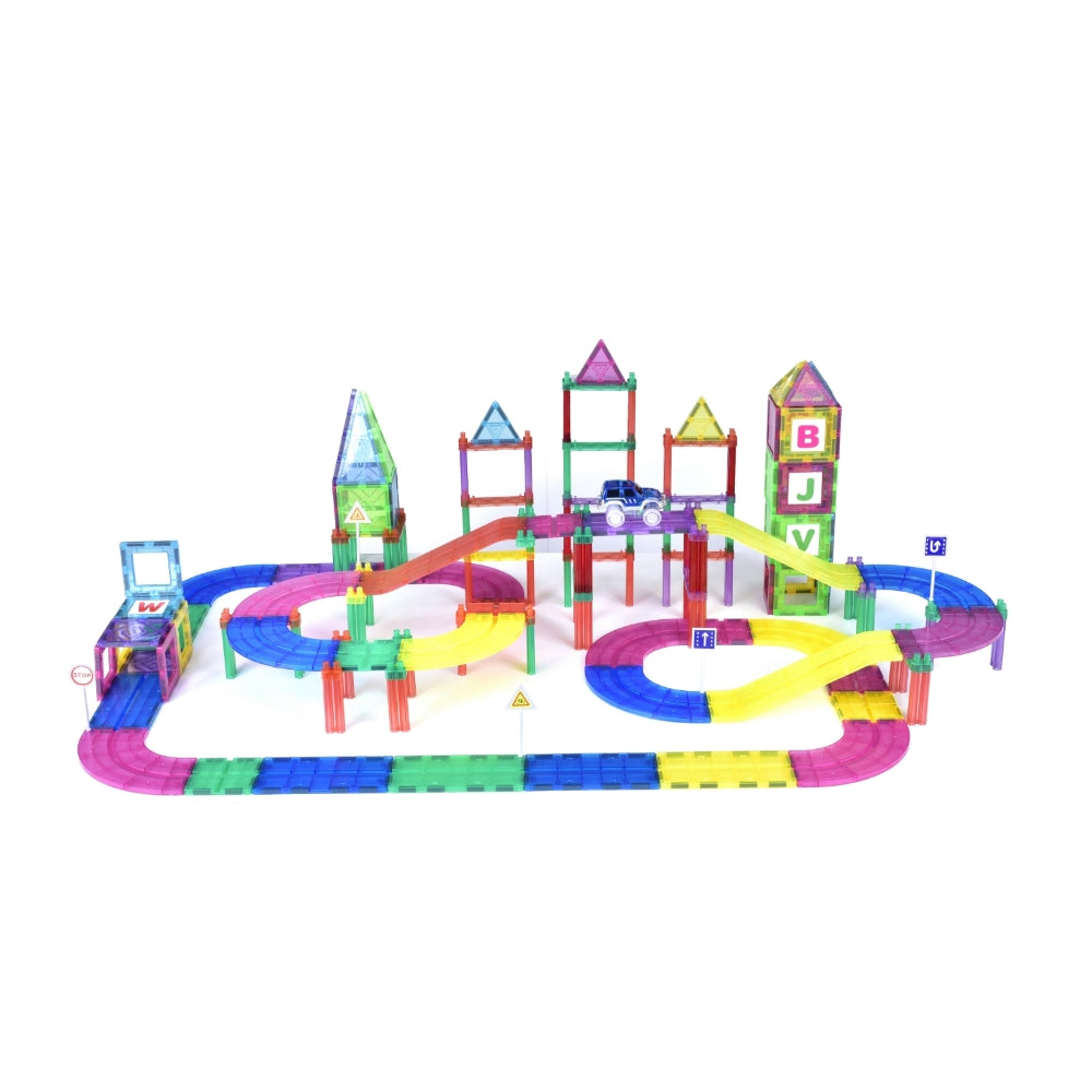 Scoobies Magnetic Racing Track | 126 Pieces | With Alphabet Stickers | Street & Traffic Sign Stickers & Sticks Set | 1 Gravity-Free LED Car Toy | Bendable Race STEM Learning Set | DIY Stack, Engineering & Creative Architectural Learning Box