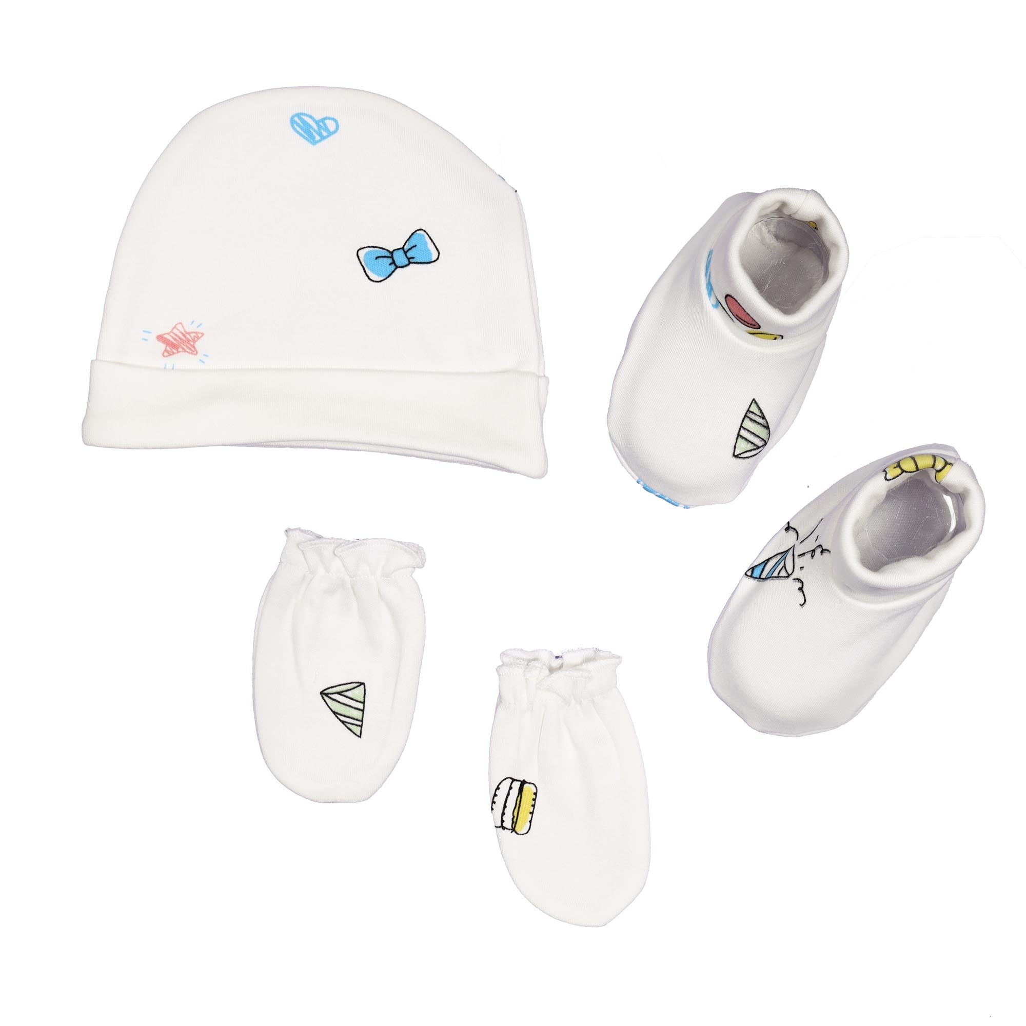 It's a Party Cap, Mittens, Booties Set - White