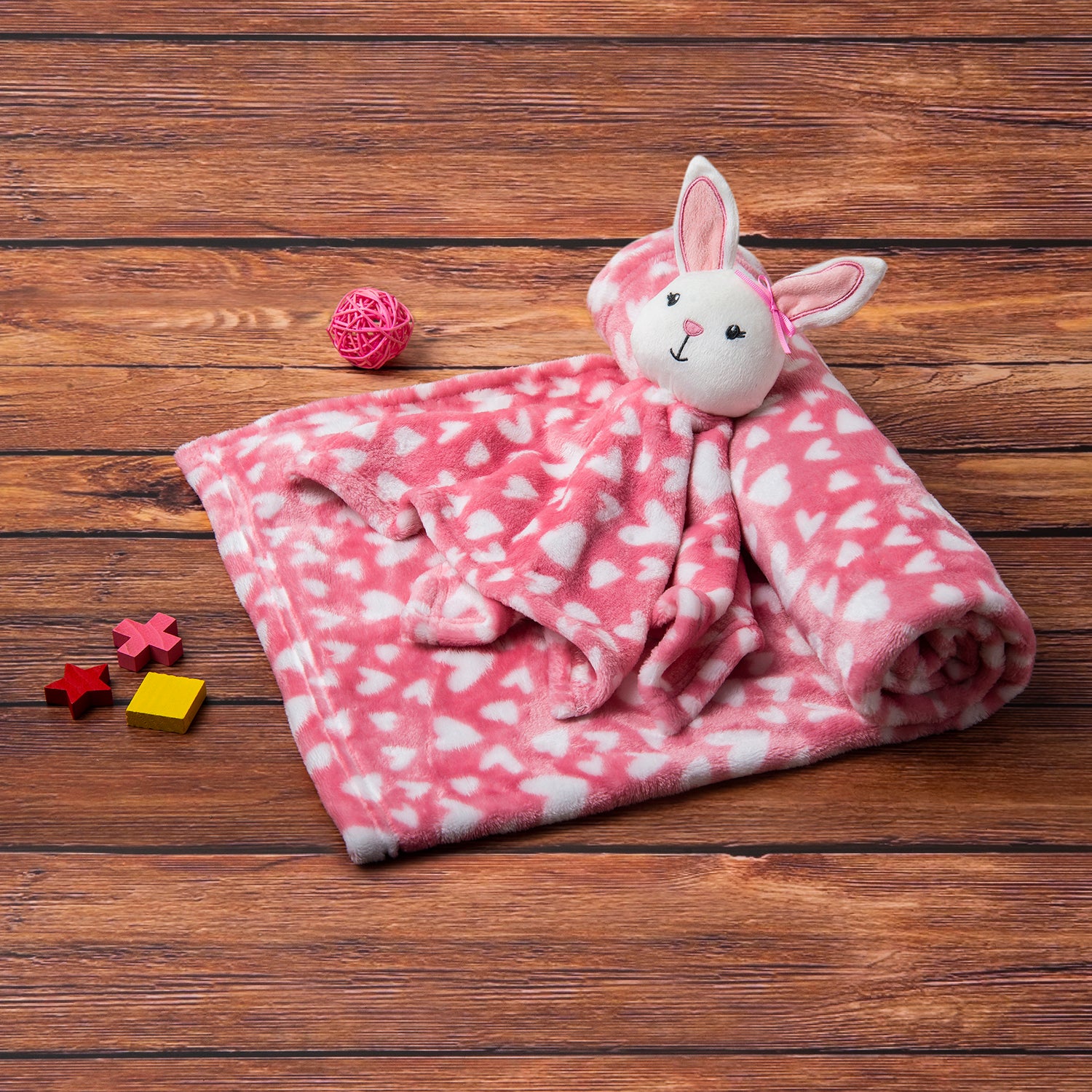 Baby Moo Rabbit Hearts Soft Cozy Plush Toy Blanket Pink