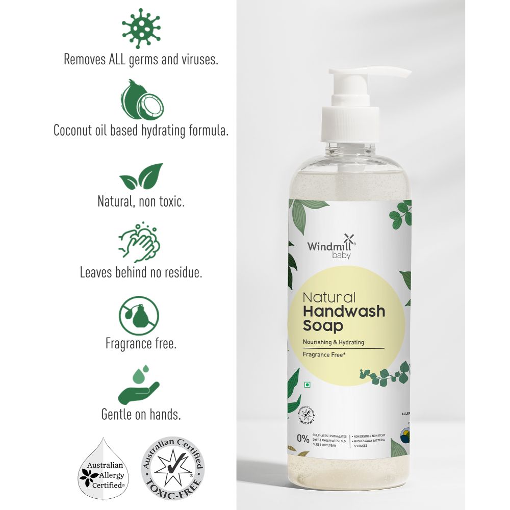 Windmill Baby Natural Fragrance Free Handwash Liquid Soap, Nourishing And Hydrating For The Whole Family, USDA Certified, Allergen Free - 450ml