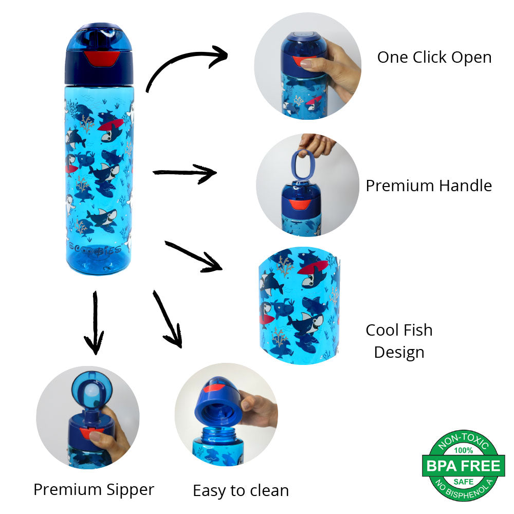 Scoobies Tritan Bottle | Shark Design | With Push Lock Button | Easy to Carry | 750 ML