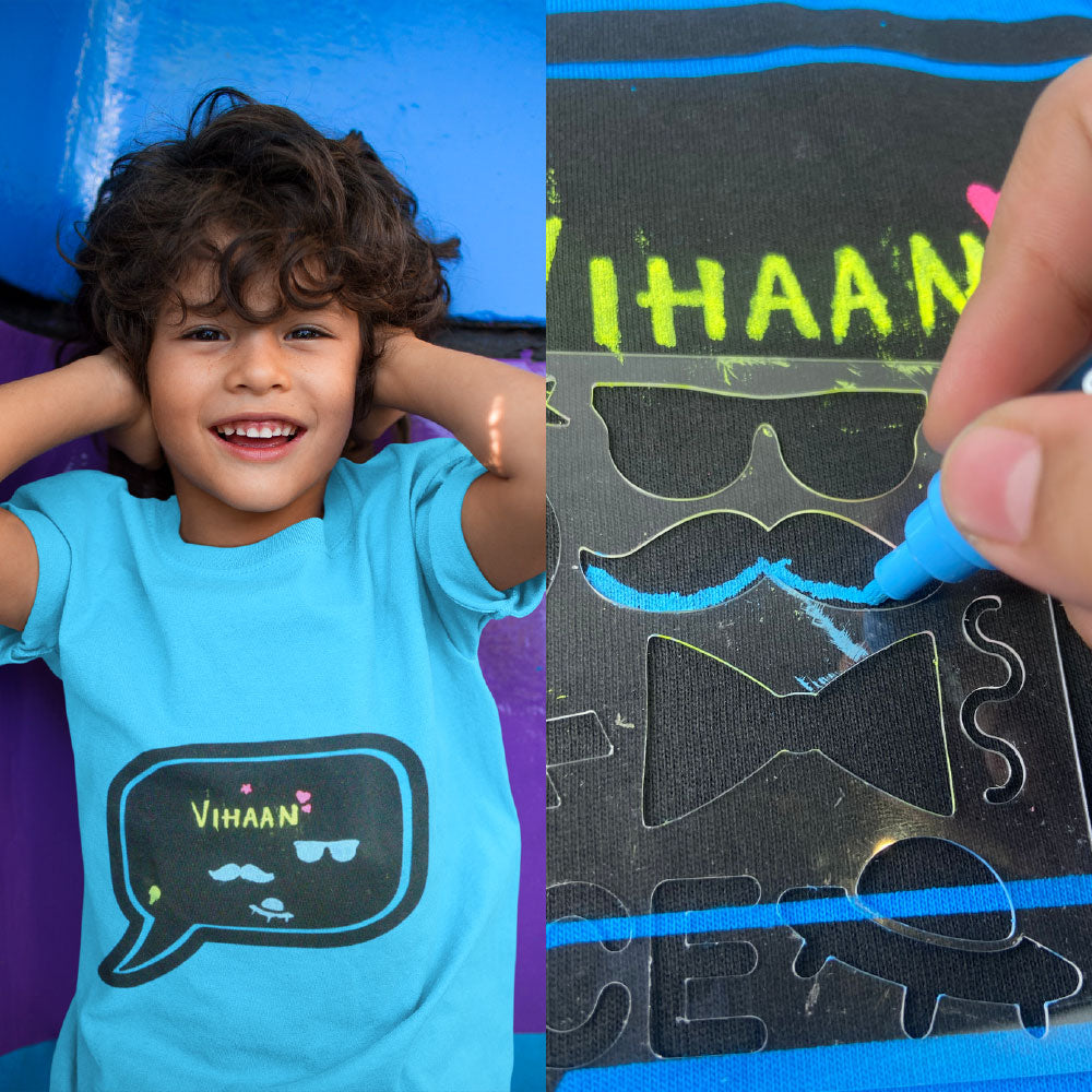 Scoobies Chalk-Le-Tee Tshirt | Blue Speech Bubble Design | With Chalk Markers & Stencil | Reusable | Washable - Boys