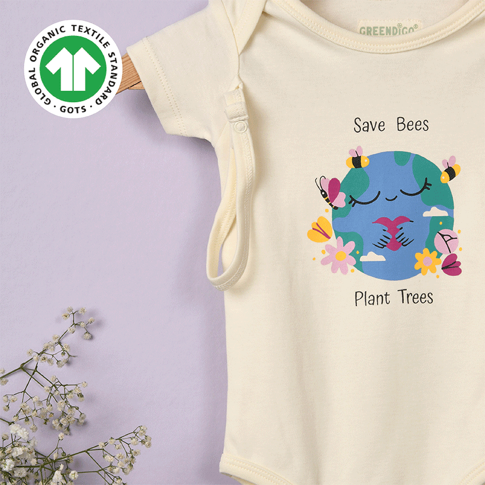 Greendigo Organic Cotton Off White Bodysuit For New Born Baby Boys And Baby Girls