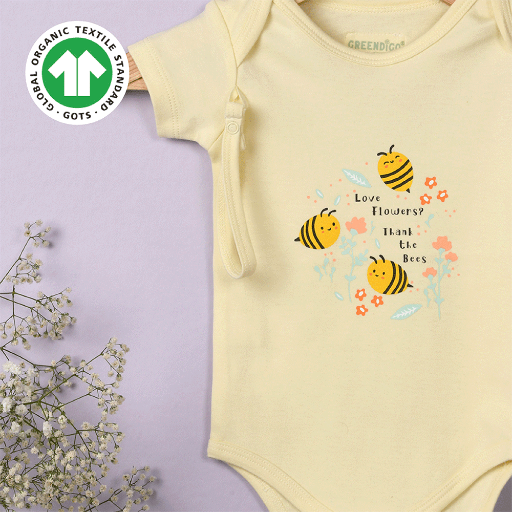 Greendigo Organic Cotton Yellow Bodysuit For New Born Baby Boys And Baby Girls