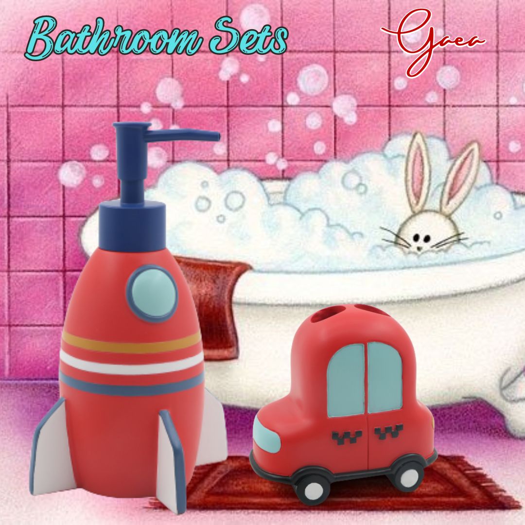 Polyresin Bathroom Set- 2 Piece Bathroom Set - Rocket Dispenser And Car Toothbrush Holder