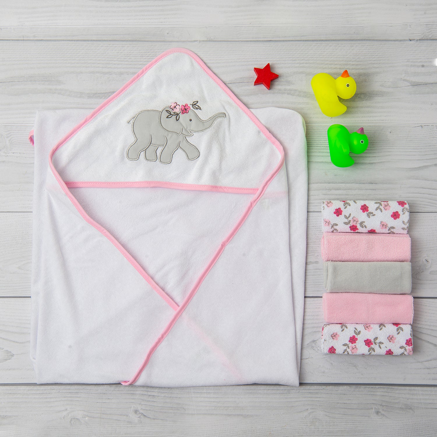 Baby Moo Hooded Towel And 5 Wash Cloth Gift Set Floral Elephant Pink