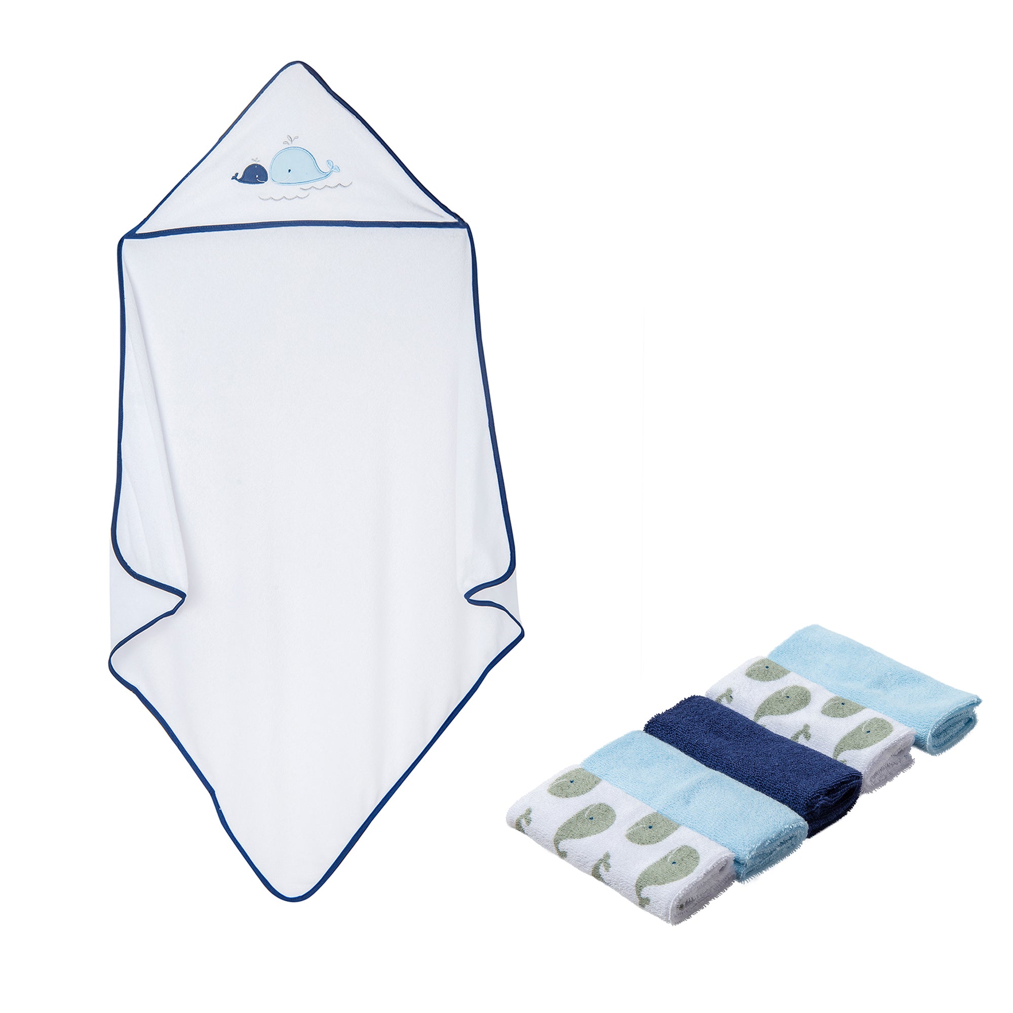 Baby Moo Hooded Towel And 5 Wash Cloth Gift Set Whales Blue