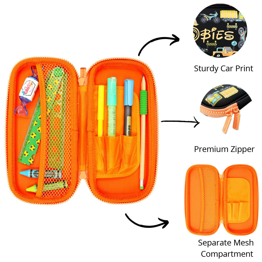 Scoobies Construction Racing Pencil Case | With Separate Pens Slot | Premium EVA Quality | Multi-Use Pouch