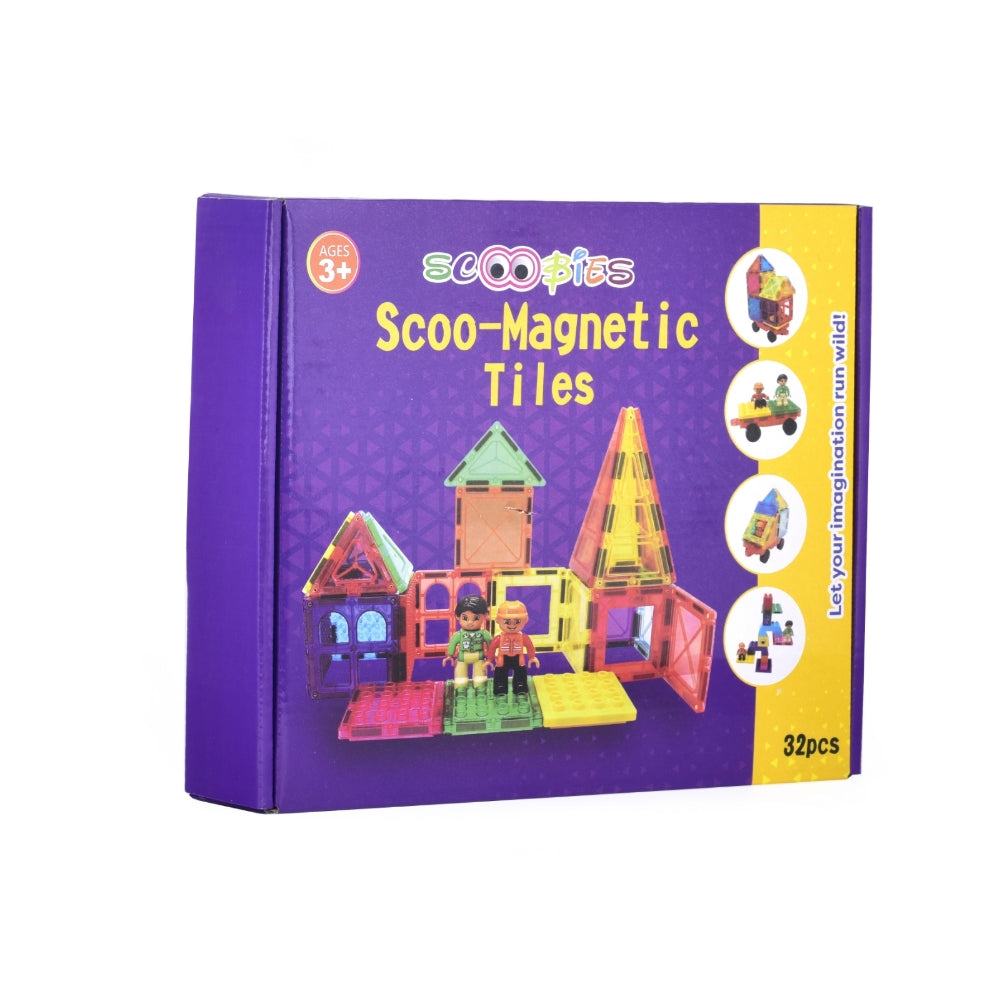 Scoo Magnetic Tiles | With Lego Bricks | 2 Castle Warriors | 1 Cart Wheel | 32 Vibrant Pieces | DIY Stack, Construction & Creative Learning Set | STEM Educational Joy Pack