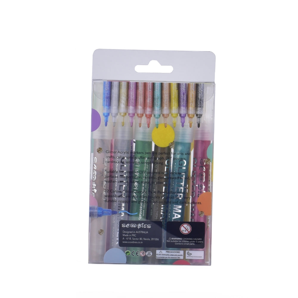 Glitter Acrylic Markers | 12 Assorted Colours | Hard Surface Compatible | Stellar Mirror Glossy Finish | DIY Creativity