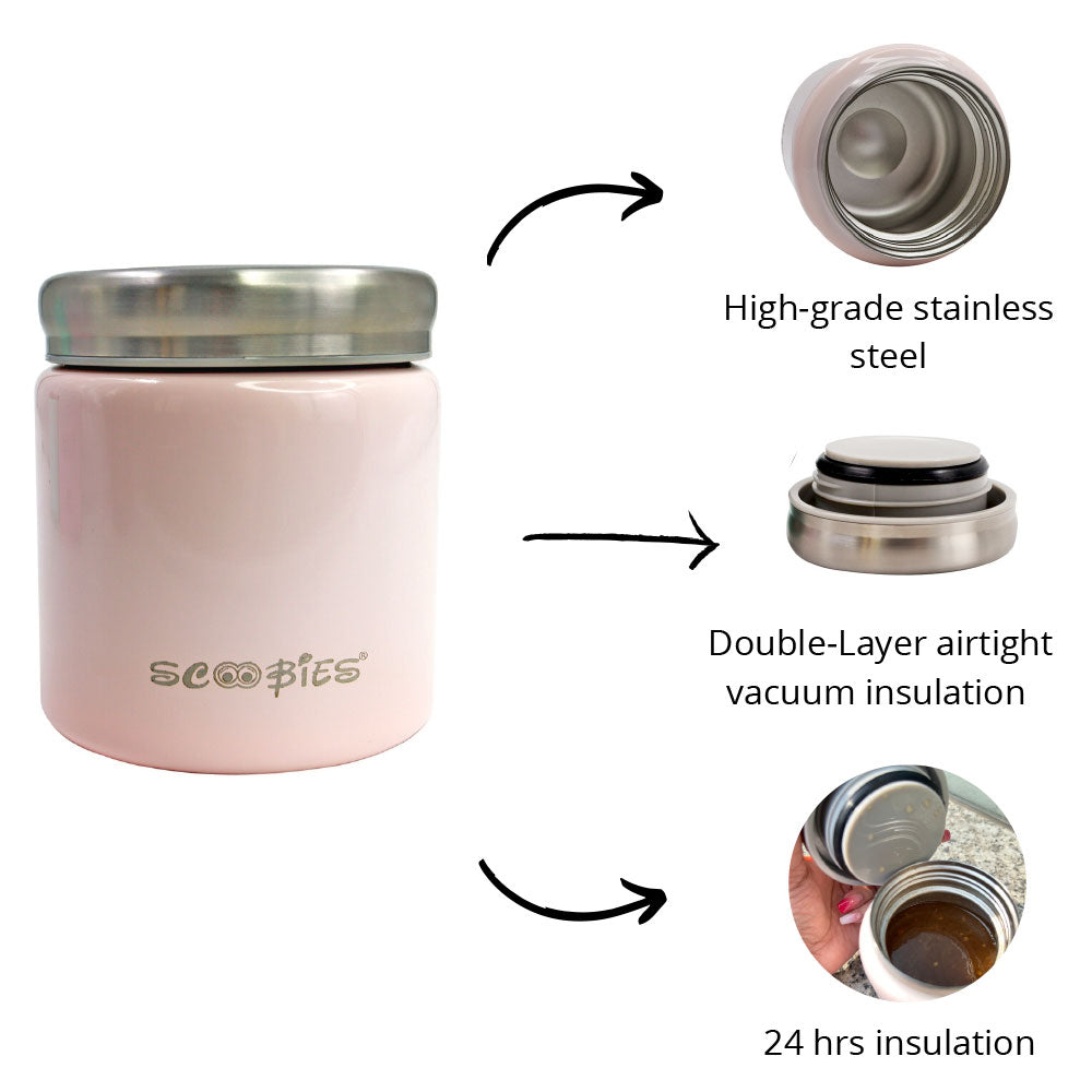 Scoobies Foodielicious Insulated Food Container (Pink) | Stainless Steel | Easy to Carry | 350 ML