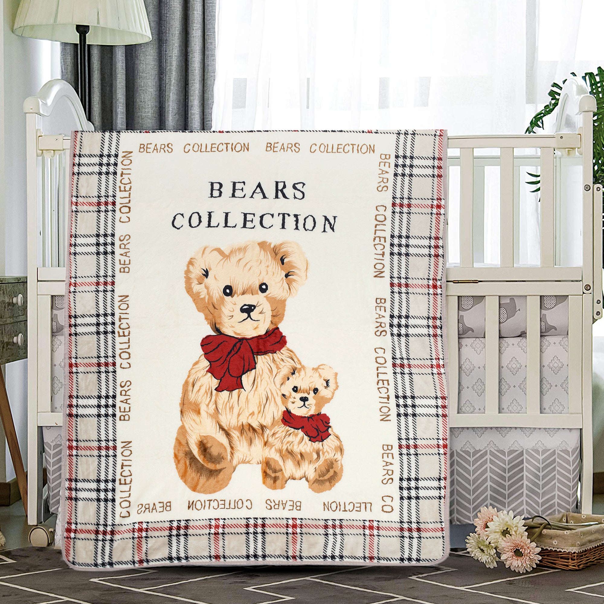 Baby Moo We Love Bears Plaid Beige One Ply Blanket