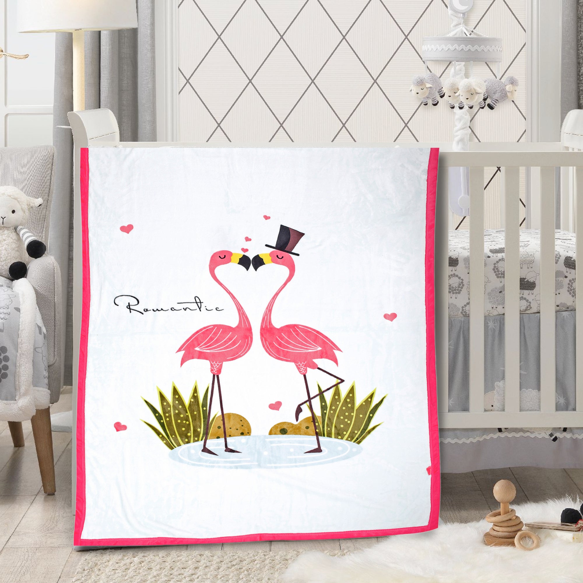 Baby Moo Flamingoes in Love White And Red Two-Ply Blanket