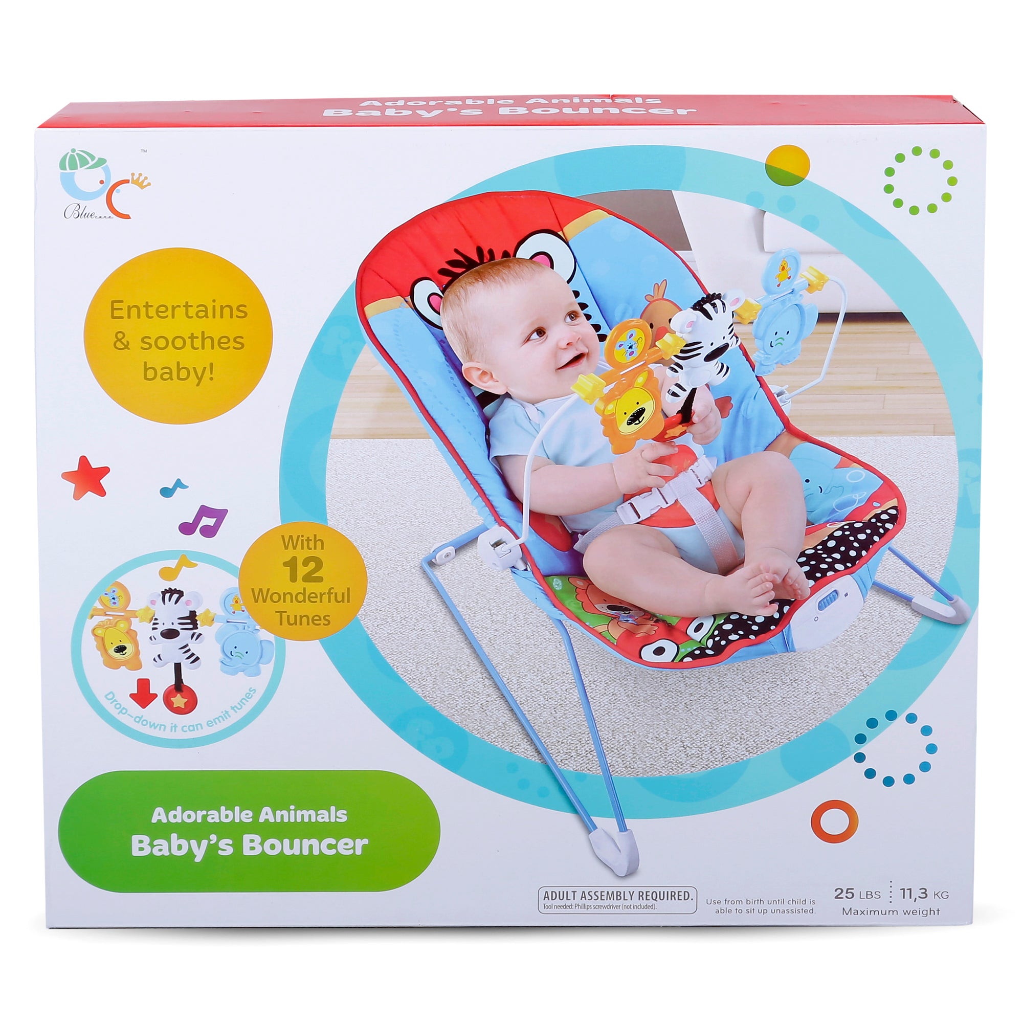Baby Moo Jungle Friends Soothing Vibrations Bouncer Rocker With Musical Hanging Toys - Blue