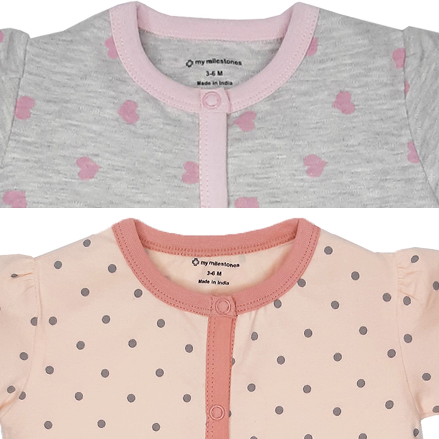 My Milestones T-shirt Half Sleeves Girls Peach Polka / Grey Hearts - 2 Pc Pack