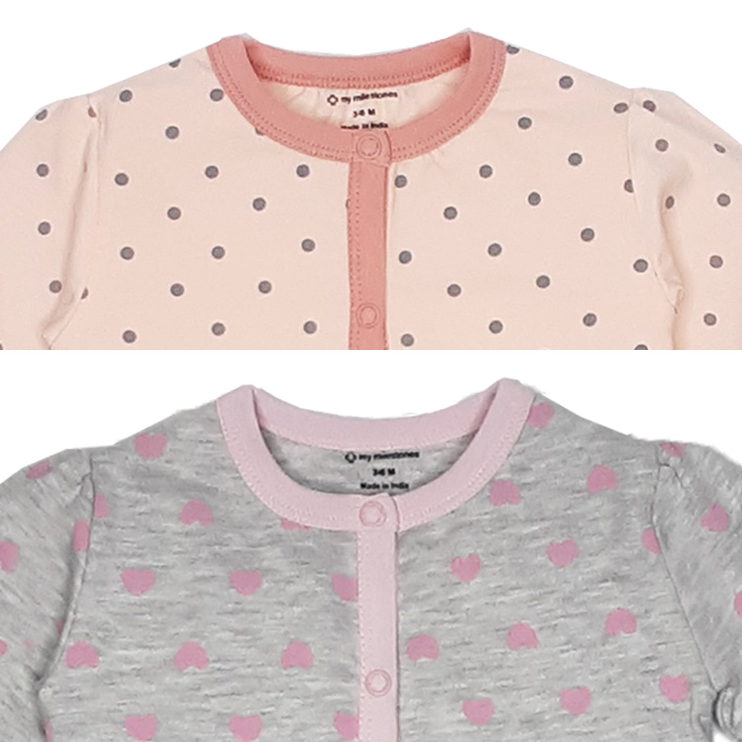 My Milestones T-shirt Full Sleeves Girls Peach Polka / Grey Hearts - 2 Pc Pack