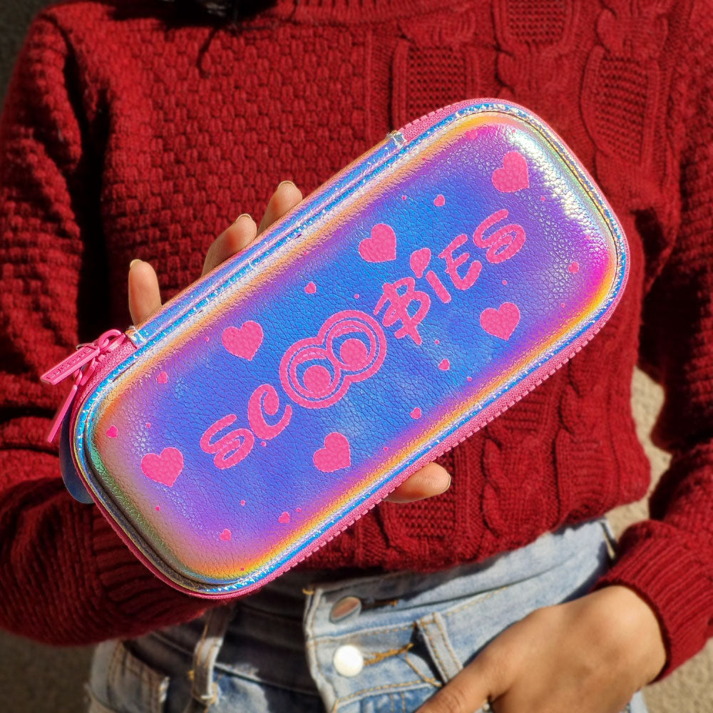 Scoobies Heart is Pink Holographic Pencil Case | With Separate Pens Slot | Premium EVA Quality | Multi-Use Pouch