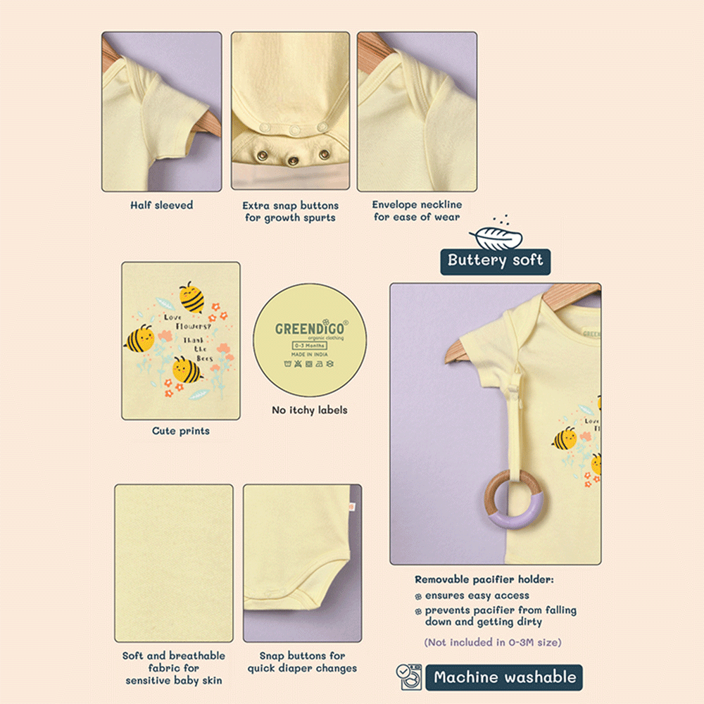 Greendigo Organic Cotton Yellow Bodysuit For New Born Baby Boys And Baby Girls