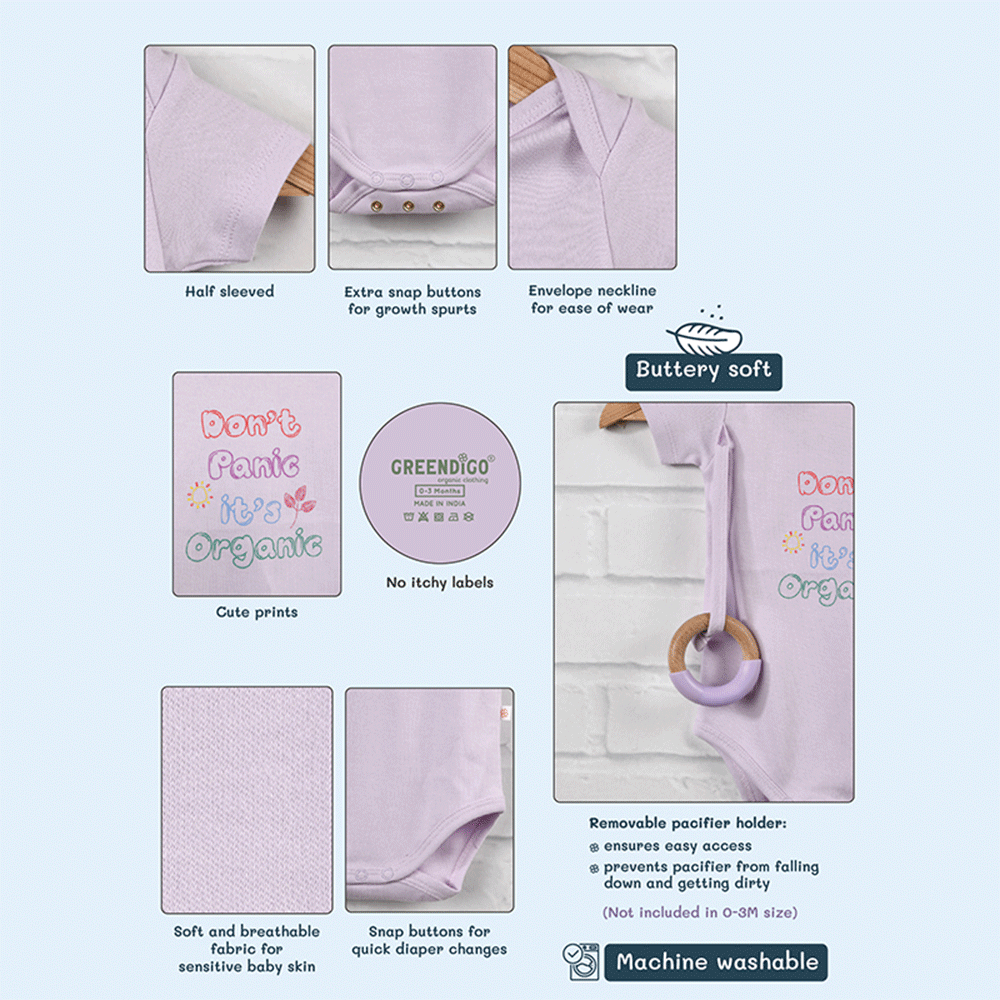 Greendigo Organic Cotton Lavender Bodysuit For New Born Baby Boys And Baby Girls