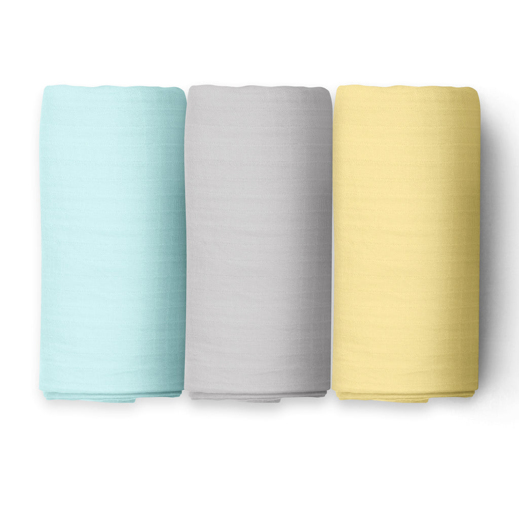 The White Cradle 100% Organic Cotton Baby Swaddle Wrap - Blue, Grey, Yellow