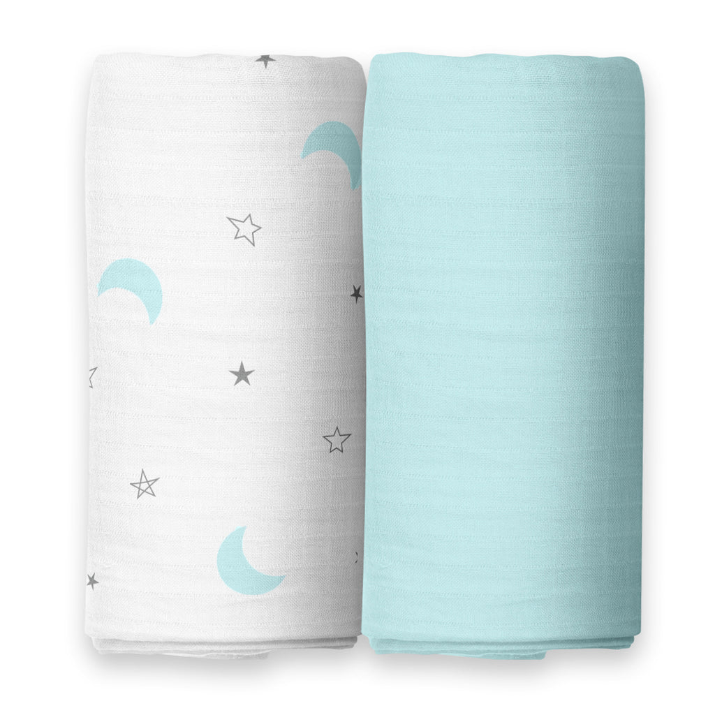 The White Cradle Baby Nursery Swaddle Blanket Wrap - Moon & Blue