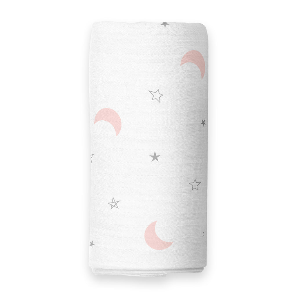 The White Cradle Baby Nursery Swaddle Blanket Wrap - Moon & Pink