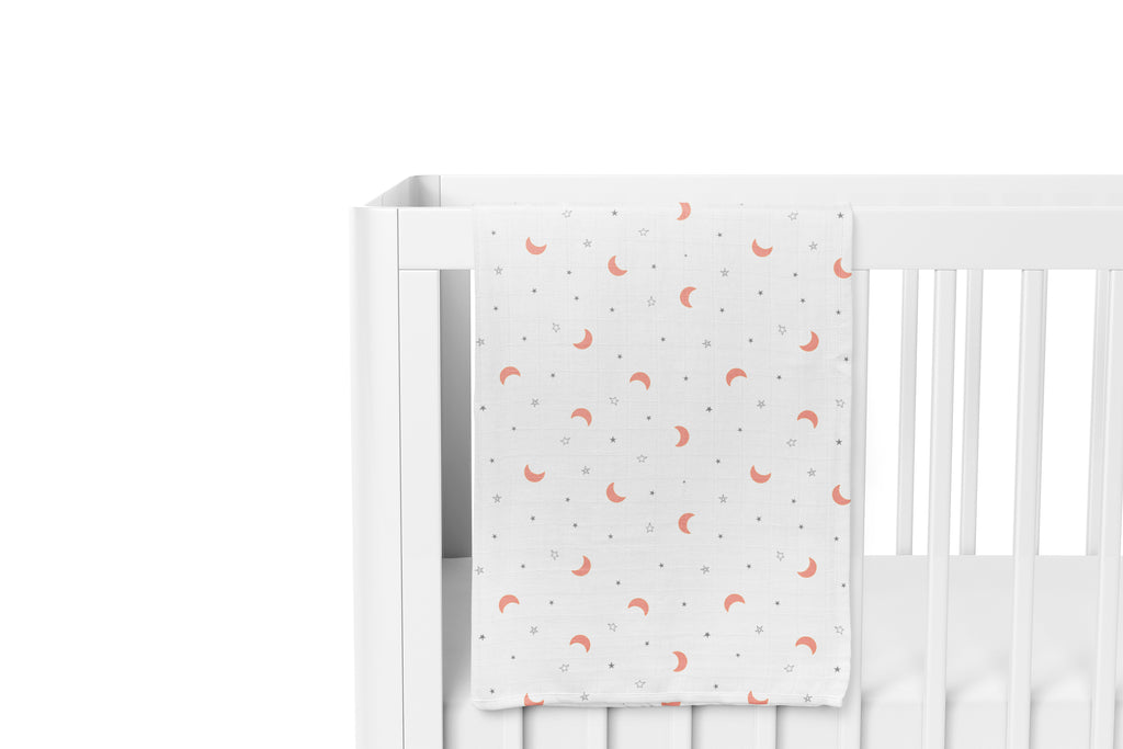 The White Cradle Baby Nursery Swaddle Blanket Wrap - Moon & Pink